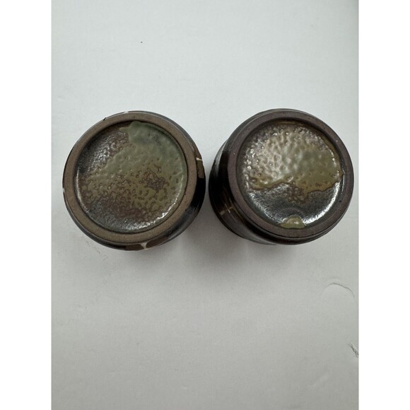 Japan Art Pottery Salt Pepper, 2 Jam Jars W/ Spoons MCM Boho Wood Pedestal Raku - Picture 5 of 12